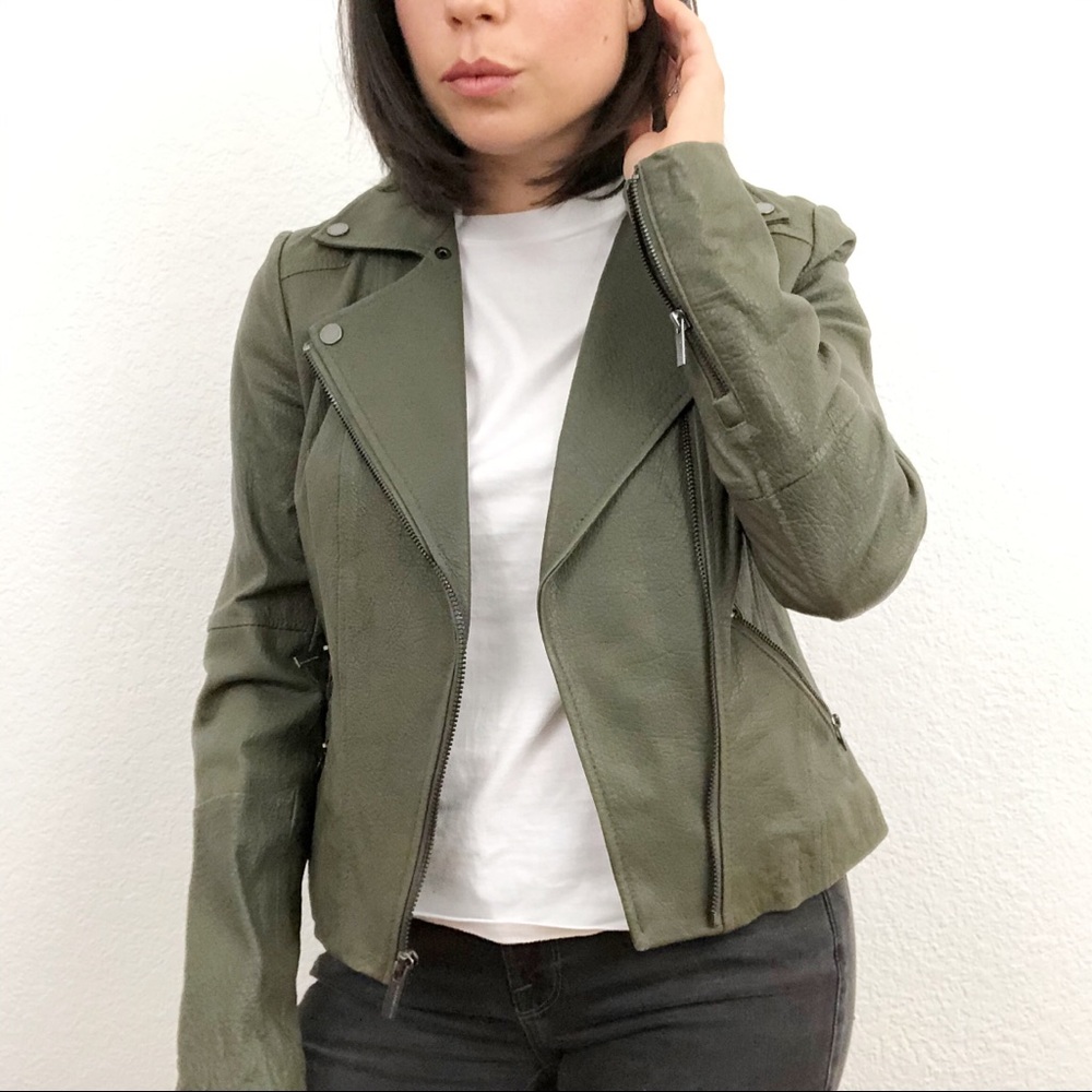 NWT Size S BCBG Green Pebbled Heavy Leather Motorcycle Jacket